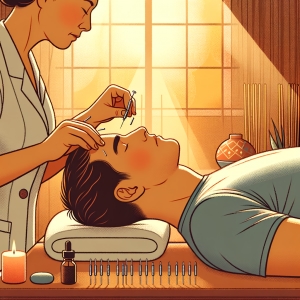 A woman receives acupuncture treatment for relaxation and wellness in a serene, warmly lit spa environment with traditional decor.